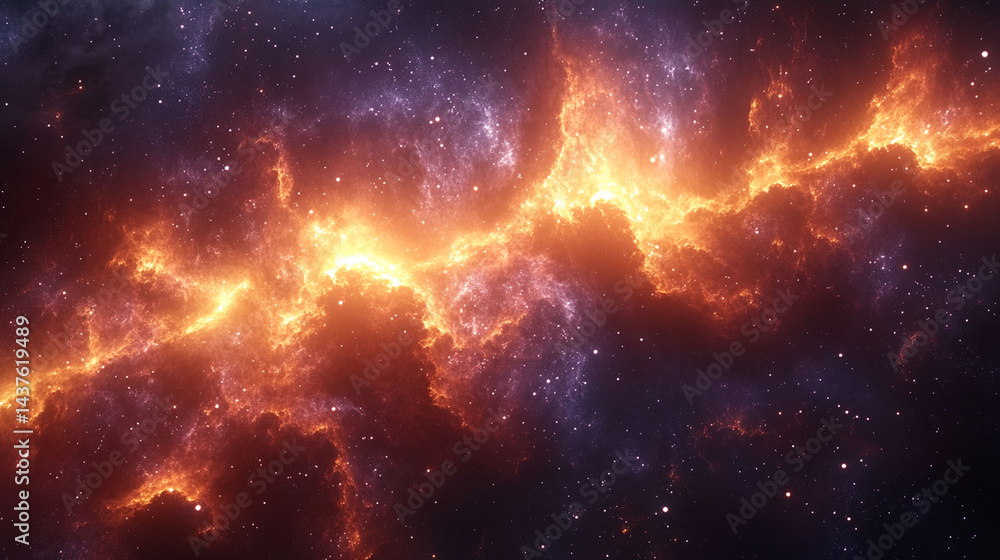 Naklejka premium Fiery nebulae in deep space, glowing with vibrant orange and yellow hues against a backdrop of dark cosmic dust and scattered stars.