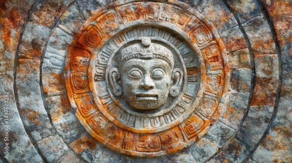 Fototapeta premium Ancient Stone Carving with Weathered Face and Circular Design
