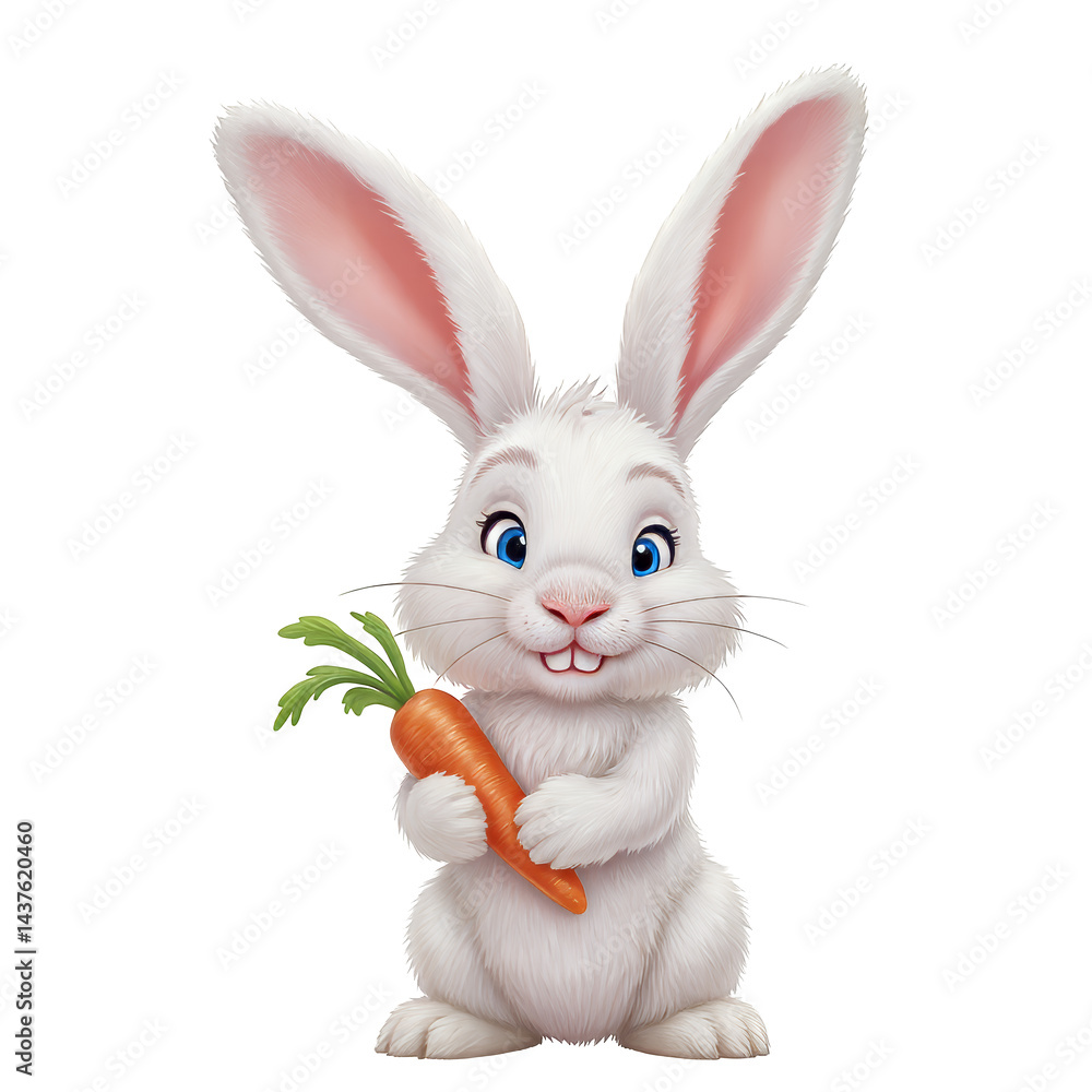 Fototapeta premium Cute White Bunny Holding Carrot, Blue Eyes, transparent background.