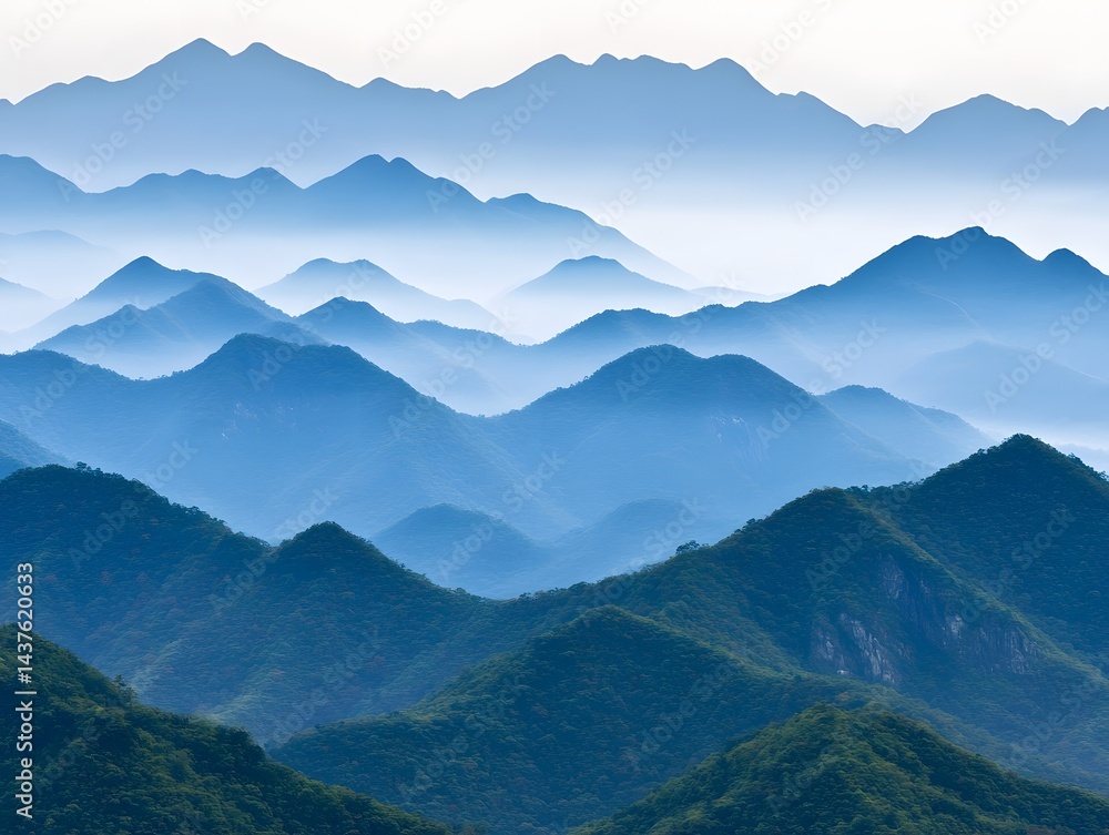 Obraz premium Serene Blue Mountains Landscape Misty Peaks and Rolling Hills in a Breathtaking View