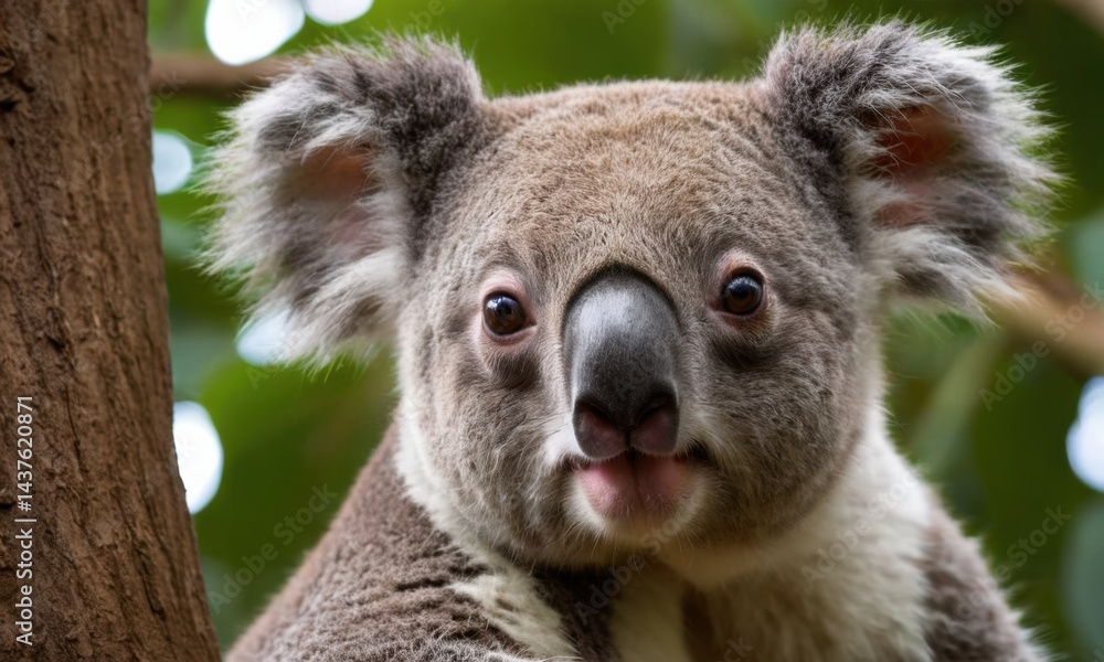 Naklejka premium Close-up shot of a koala sitting in a tree, looking around