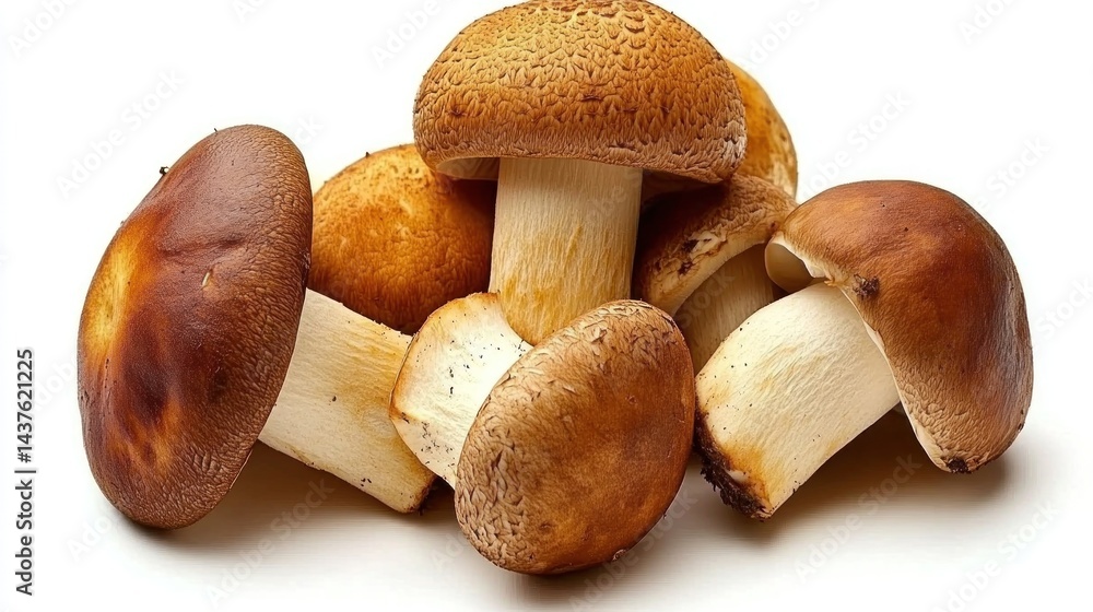 Fresh brown mushrooms. Clustered whole mushrooms, rich brown caps, pale stems, close-up, isolated on white background Fresh brown mushrooms. Clustered whole mushrooms, rich brown caps, pale stems, close-up, isolated on white background