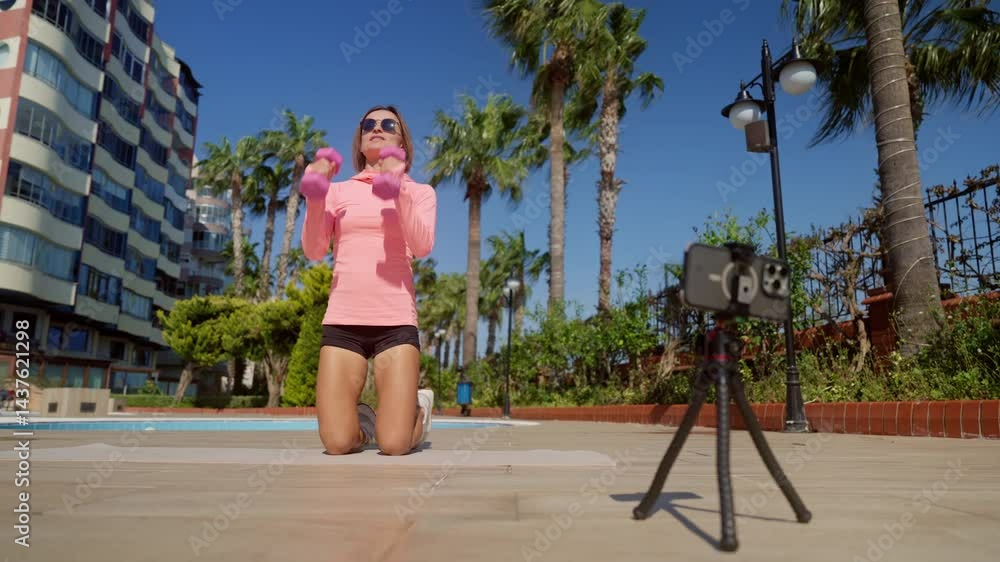 Young woman follows an online workout in a public park on a sunny day. She watches exercise instructions on her smartphone while training on a yoga mat. Concept of digital fitness and self-guided