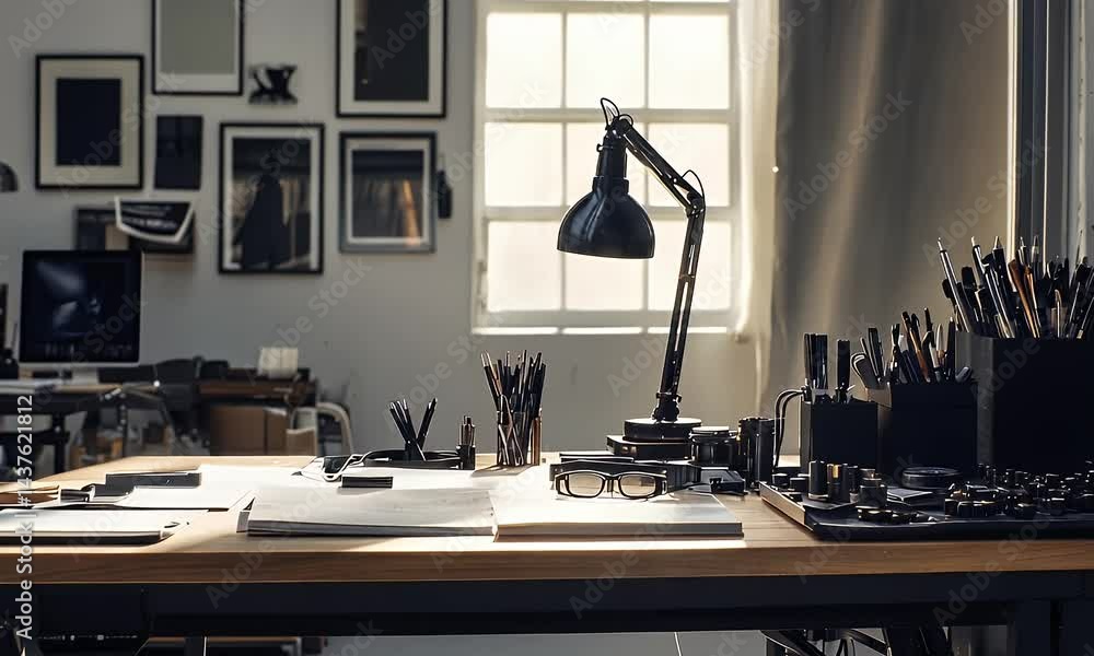 Workstation with Wooden Table Metal Frame Desk Lamp Art Supplies And Computer near Window in White Room