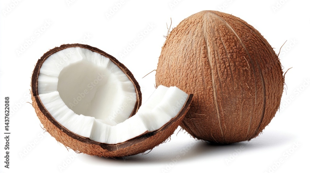 Fresh coconut halves, isolated on white background Fresh coconut halves, isolated on white background