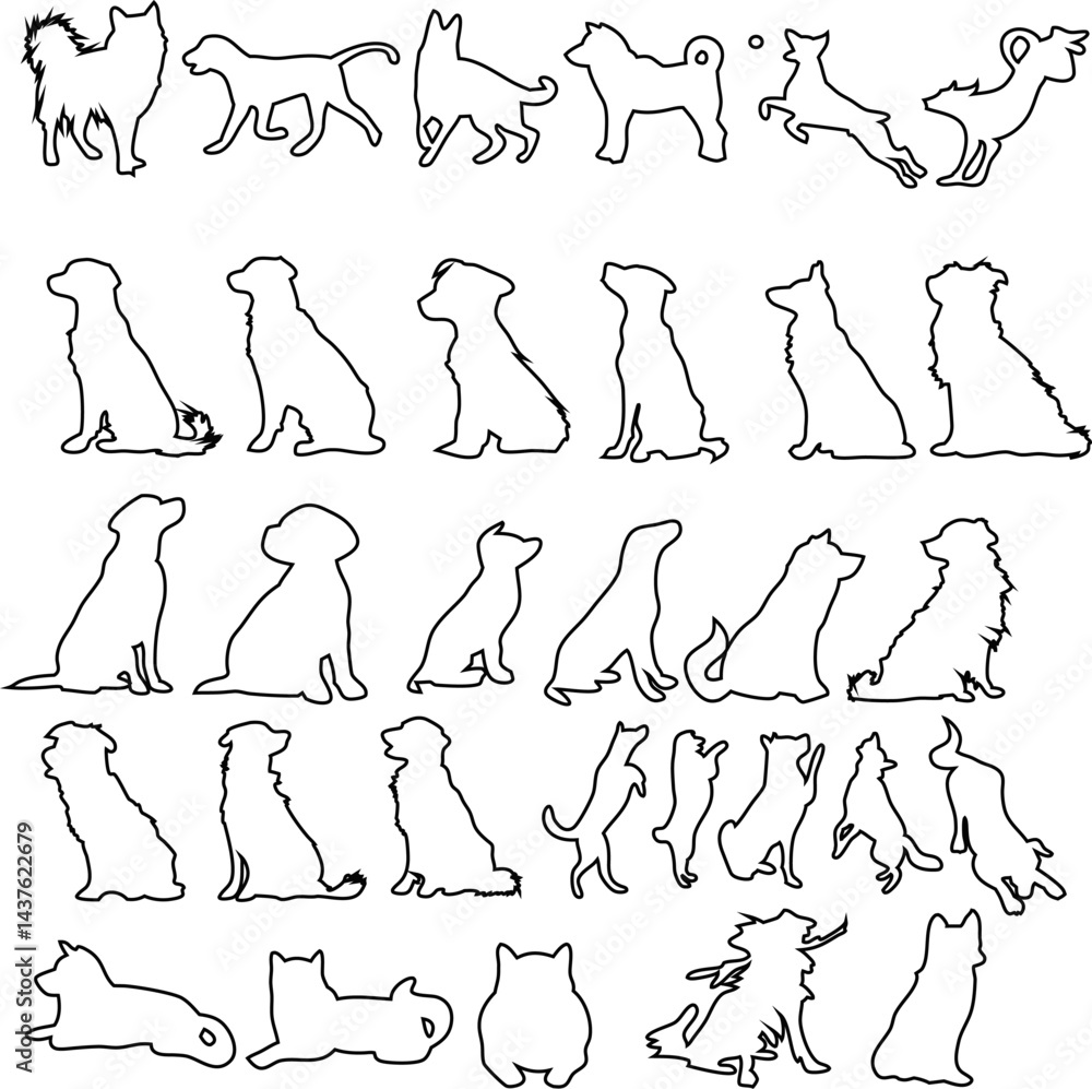 Dog outline vectors, different breeds sitting and standing different styles. Vector collection of pet, puppy, and canine designs isolated on a white background Dog outline vectors, different breeds sitting and standing different styles. Vector collection of pet, puppy, and canine designs isolated on a white background