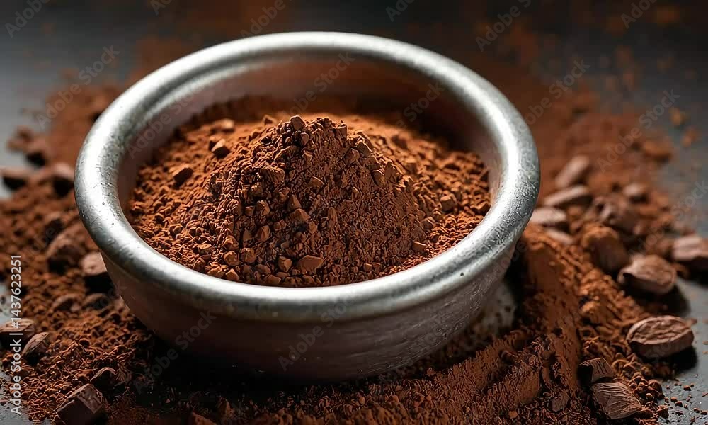 Close-up of cocoa powder in a bowl with chocolate pieces on a dark background. Close-up of cocoa powder in a bowl with chocolate pieces on a dark background.