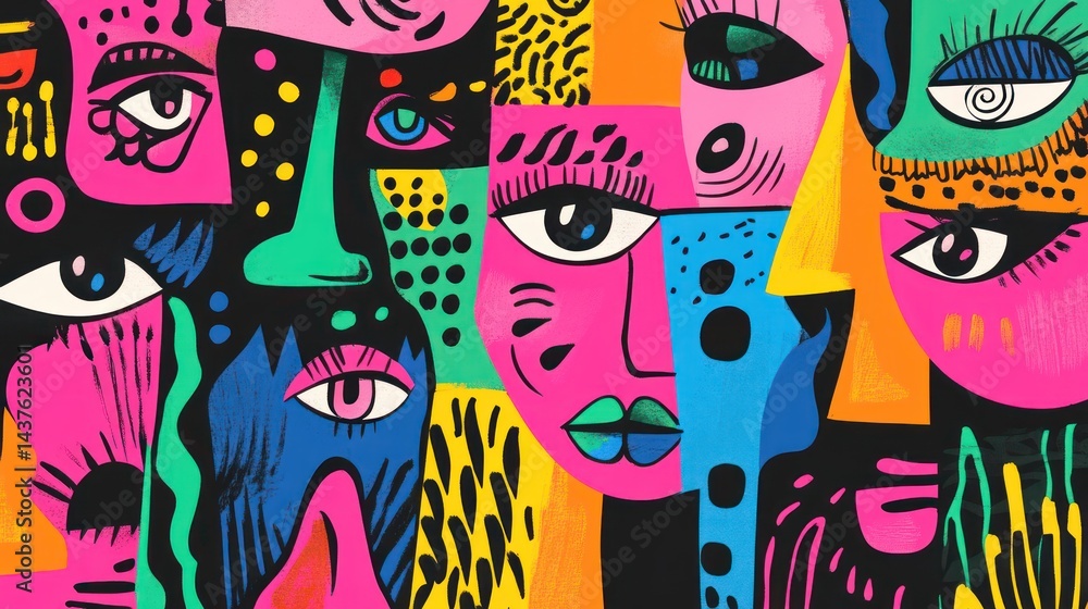 Vibrant abstract faces in a colourful design pattern. Vibrant abstract faces in a colourful design pattern.