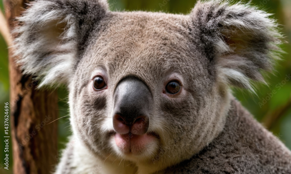 Naklejka premium Close-up photo of a koala sitting in a tree, perfect for use in wildlife or nature-related contexts