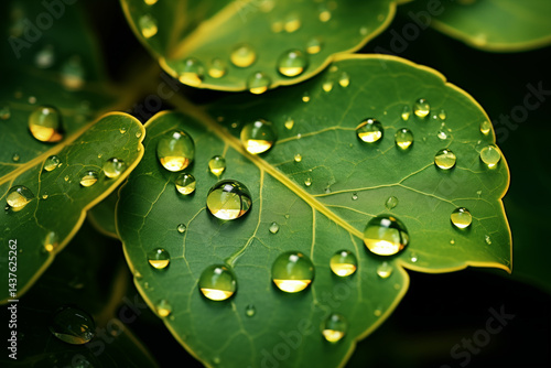 A golden morning dew resting on vibrant green leaves, evoking freshness and renewal