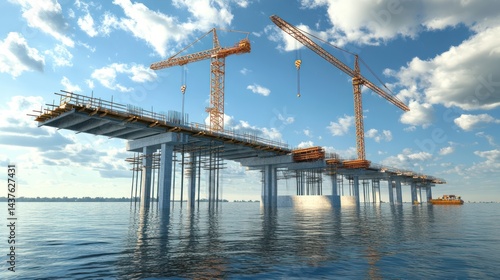 Construction of a large bridge over a body of water.