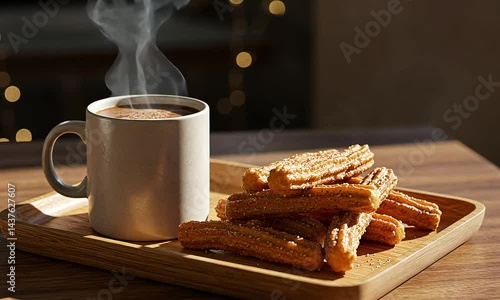 Cozy view of hot chocolate and churros on a wooden tray with bokeh lights.