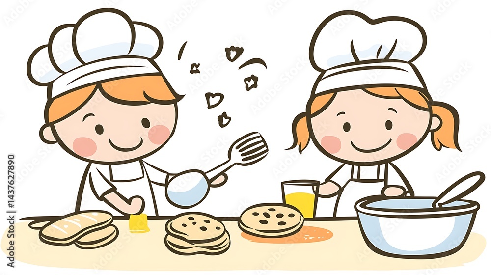 Cartoon children cooking baking pancakes together a fun culinary scene with bright colors and joyful interaction Cartoon children cooking baking pancakes together a fun culinary scene with bright colors and joyful interaction