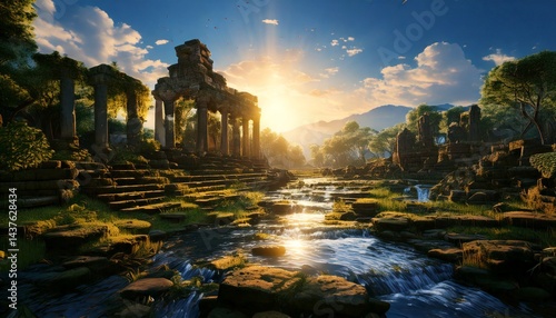 Evocative Ancient Temple Ruins with Stone Columns and Steps Beside a Flowing Stream at Golden Sunrise