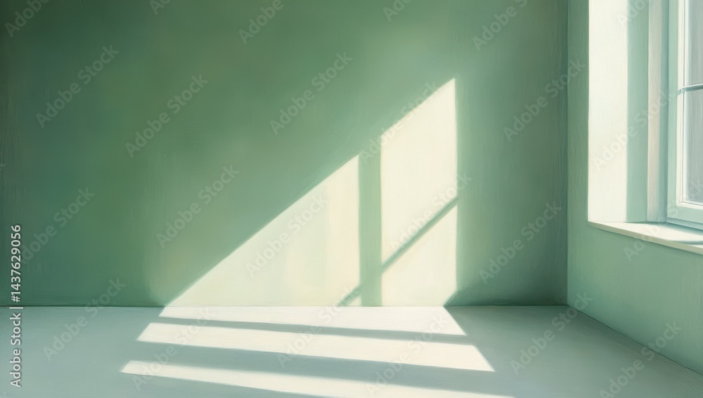 Fototapeta premium Empty room with sunlight casting shadows on pale green walls and floor