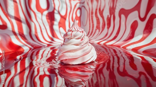 Whipped cream swirl on red and white striped surface. Abstract, delicious, and visually appealing dessert.