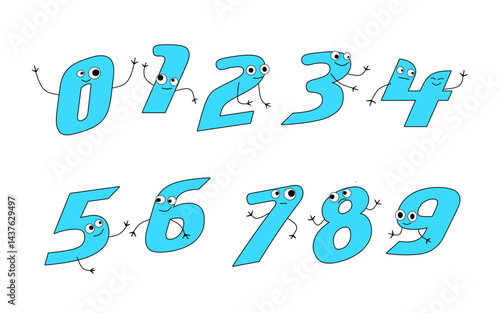 Cheerful Light Blue Cartoon Number Characters from Zero to Nine with Googly Eyes, Arms, and Legs. Designed for Early Childhood Education and Basic Numeracy