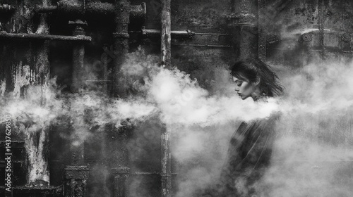 Woman enveloped in industrial smoke and steam, amidst rusty pipes and machinery.