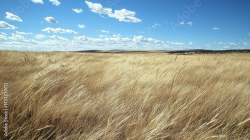 Vast, golden grassland under a vibrant blue sky, with fluffy white clouds scattered across the horizon.  A gentle breeze moves the tall grasses, creating a serene and peaceful scene.