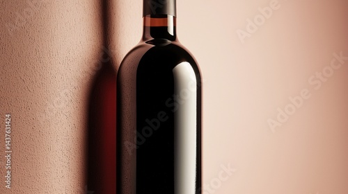 Red wine bottle against a peach colored wall.