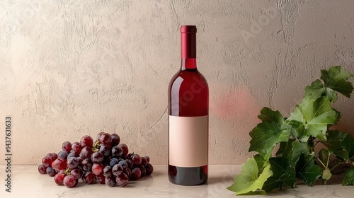 Red wine bottle with grapes and leaves on a light background.