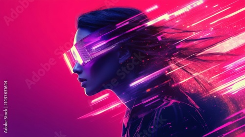 Woman in Futuristic Neon Glasses with Pink and Purple Light Streaks