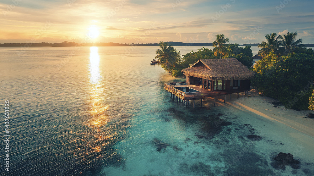 Fototapeta premium serene tropical stilt home by water at sunset, surrounded by palm trees and calm waves