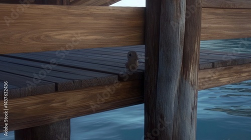 Small toy duck on a wooden dock overlooking water.