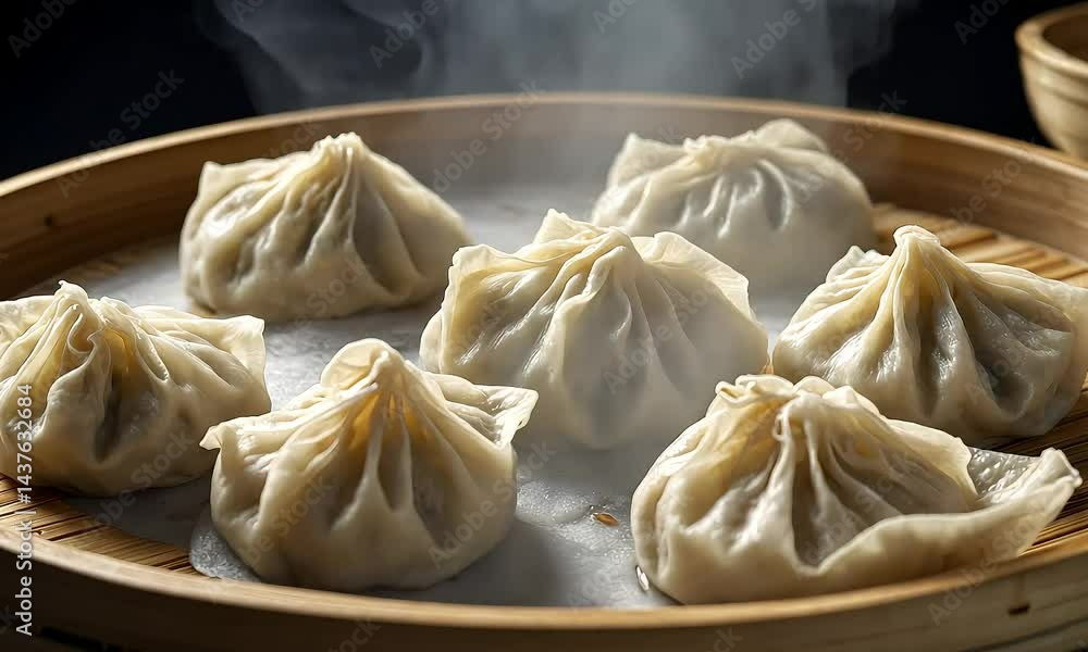 Steaming dim sum in a bamboo steamer, a delicious Asian delicacy.