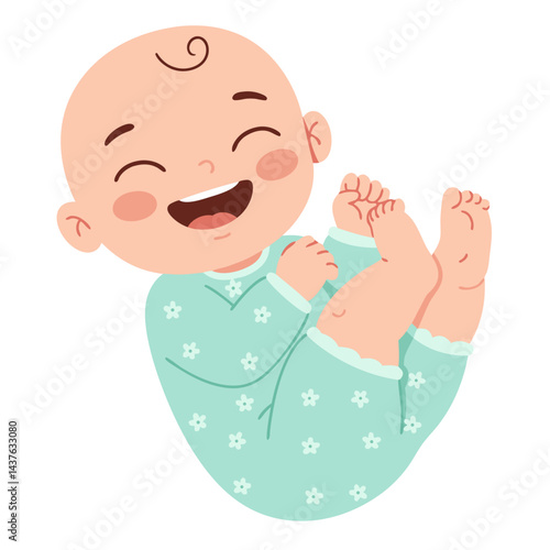 Cute and Happy Baby with Joyful Expression in Mint Green Outfit Smiling Cheerfully