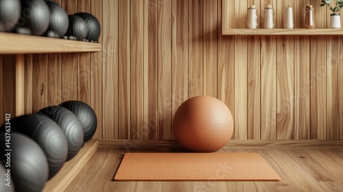 Wooden exercise room with fitness balls and yoga mat.
