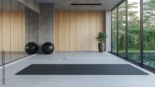 Modern, minimalist exercise room with large windows overlooking a garden and pool.  Spacious, bright, and tranquil space. 