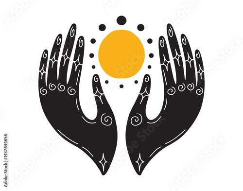 meditation, energy, or reiki therapy hand doodle hand drawn icon or emblem, logo. drawing energy magical hands line clipart symbol. 