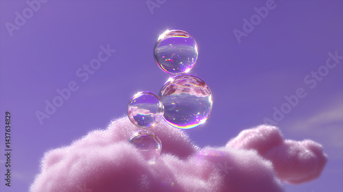 Iridescent transparent bubbles floating above fluffy pink clouds against dreamy purple sky. Magical surreal scene with glossy spherical orbs, ideal for fantasy, beauty, wellness and creative projects