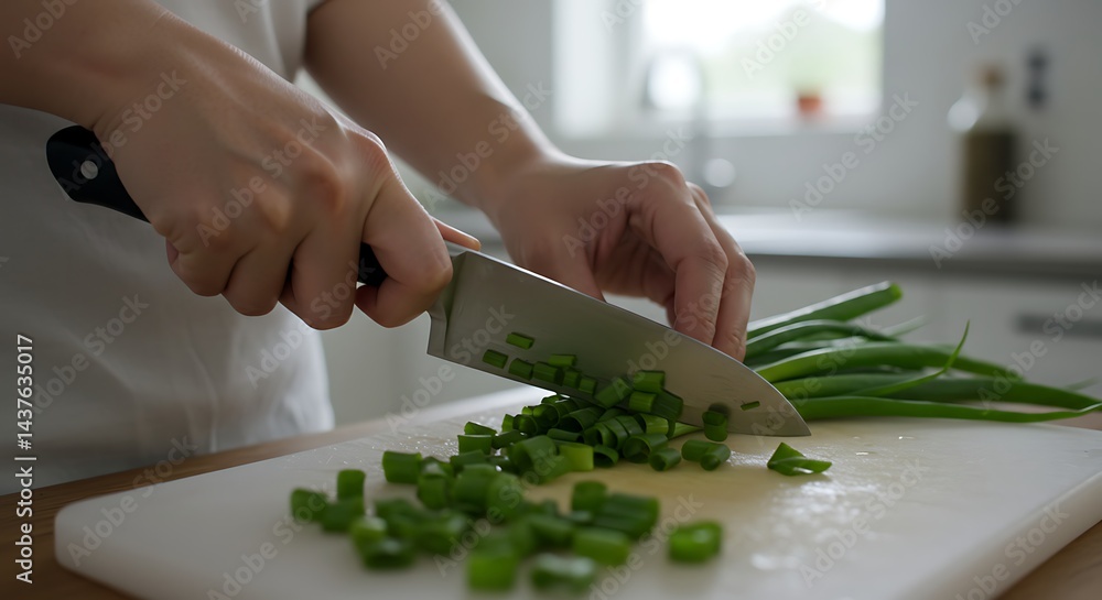 Chopping Fresh Green Onions with Sharp Knife in Kitchen Chopping Fresh Green Onions with Sharp Knife in Kitchen