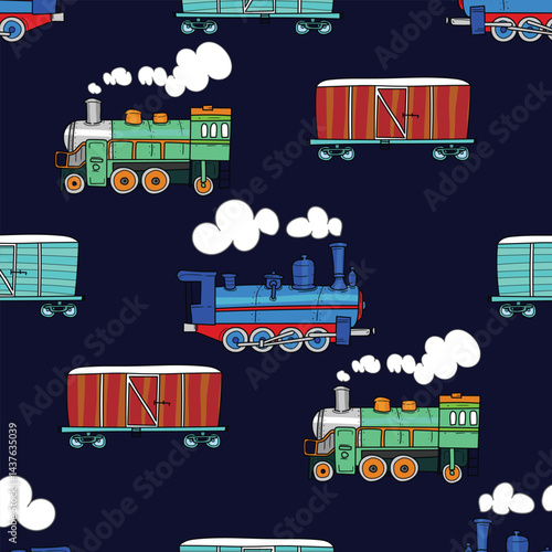 Seamless vector pattern featuring various types of trains in vibrant detail. Perfect for kids’ designs, wallpapers, packaging, and transportation-themed projects.