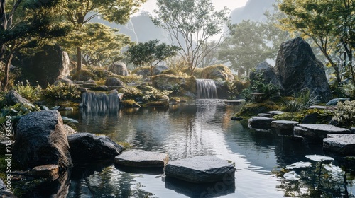Serene zen garden with tranquil water features and lush foliage.