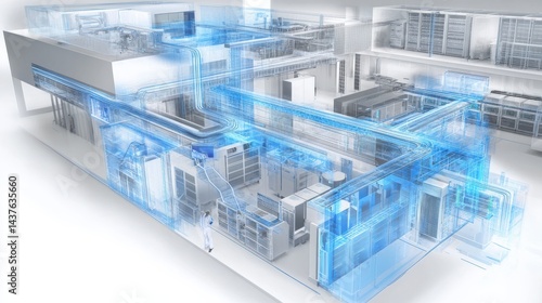 Modern Digital Data Center Infrastructure with Blue Network Visualizations and Server Equipment