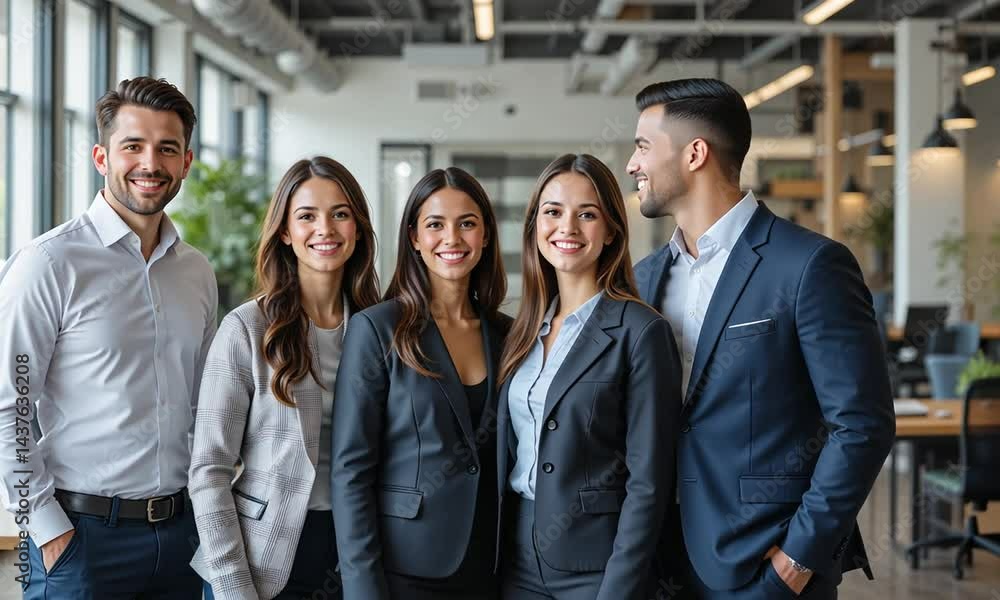 Group of four young diverse professionals in formal outfits standing in modern bright office interior, smiling and confident, concept of business success Group of four young diverse professionals in formal outfits standing in modern bright office interior, smiling and confident, concept of business success