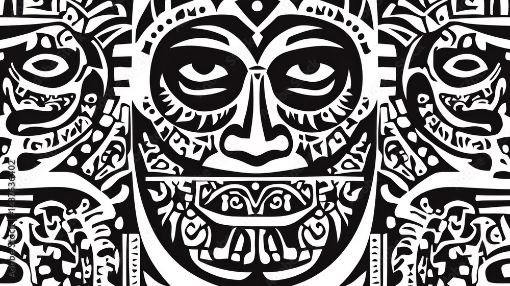 Naklejka premium Black And White Tribal Mask Pattern Graphic Design