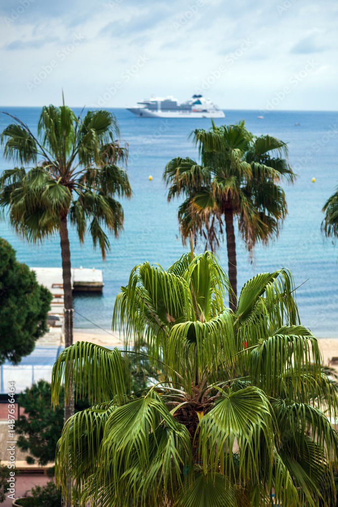 French Riviera beach view with palm trees