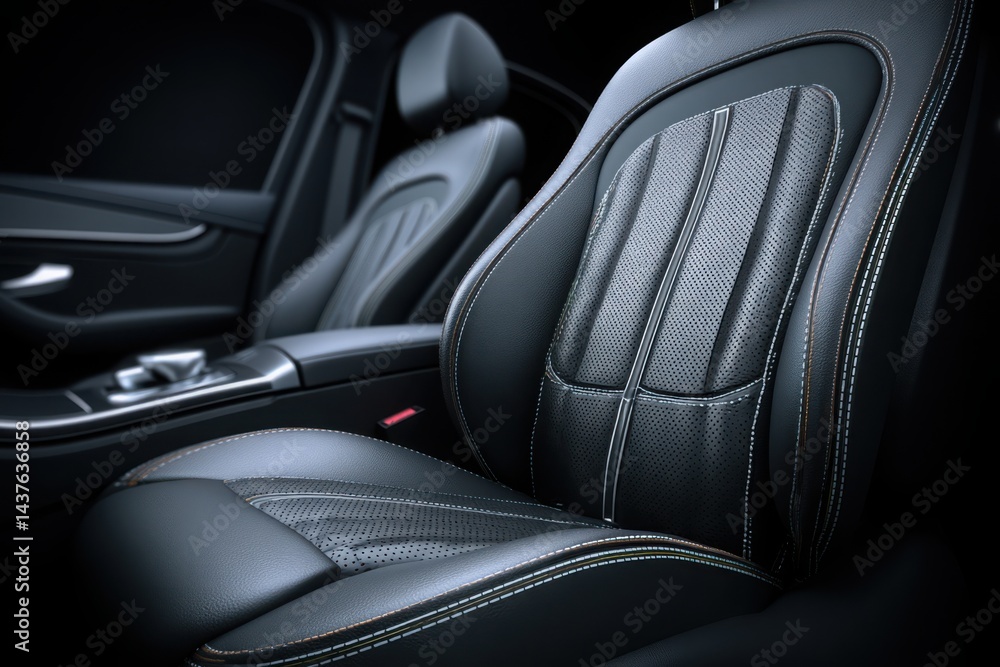 Obraz premium Luxury Car Interior: Black Leather Seats with Perforated Design and Stitching Detail - Automotive, Elegance