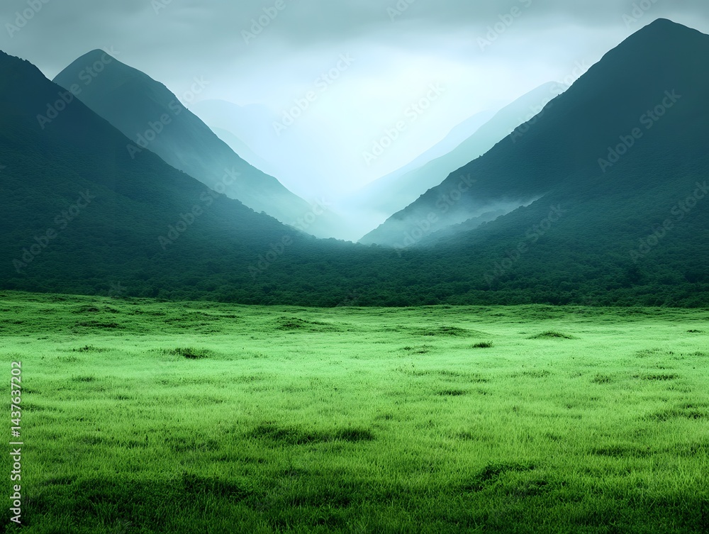 Fototapeta premium Serene Green Meadow Landscape with Misty Mountains Background A Breathtaking Nature Scene