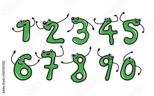 Green Cartoon Number Characters from One to Zero with Googly Eyes, Arms, and Legs Arranged in Two Rows on a White Background, Designed for Children's Education and Learning