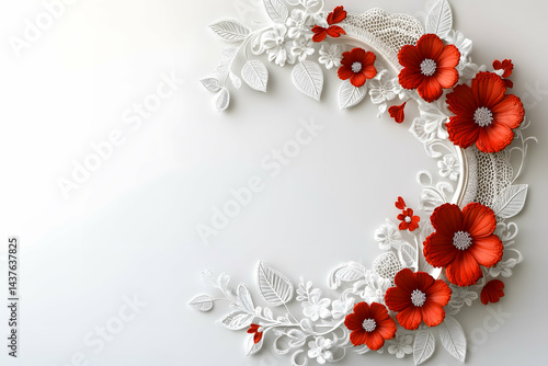 Delicate Lace Embroidery Floral Frame on White Background