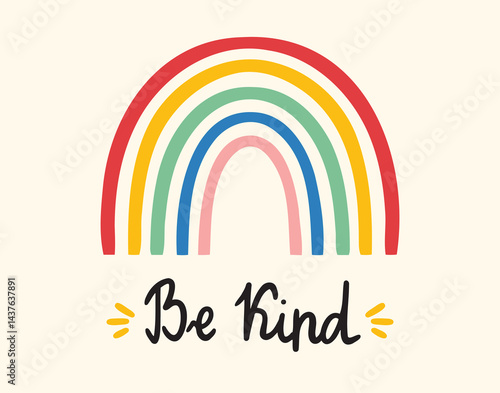 Be kind bohemian style print or poster. Be kind inspirational doodle emblem card. colorful rainbow and handwritten lettering be kind. 