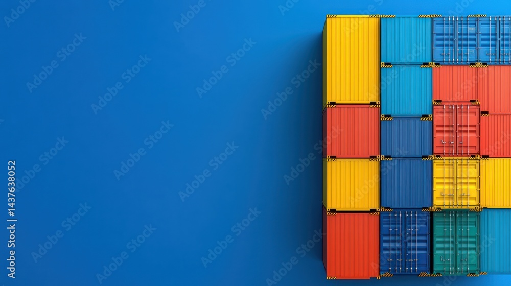 Fototapeta premium Colorful Stack of Cargo Containers against a Blue Background
