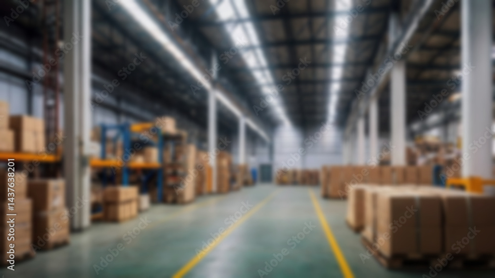 Fototapeta premium Blur warehouse background, Blurred factory storage, industry warehouse cargo space for delivery shipping bokeh light background, business logistics distribution shelf box store backdrop