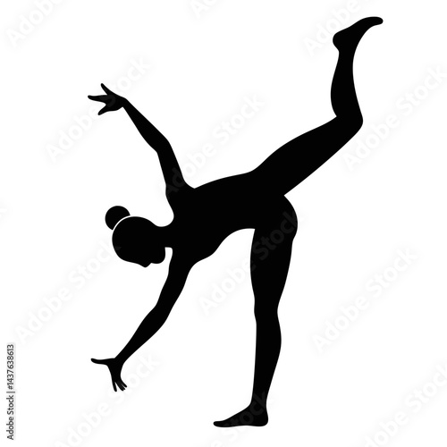  Black silhouette of a woman performing an acrobatic pose, symbolizing flexibility, strength, and athleticism, ideal for fitness, gymnastics, and dance-related designs.