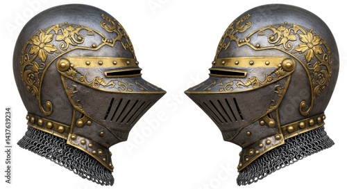 Two ornate knight helmets isolated on white background